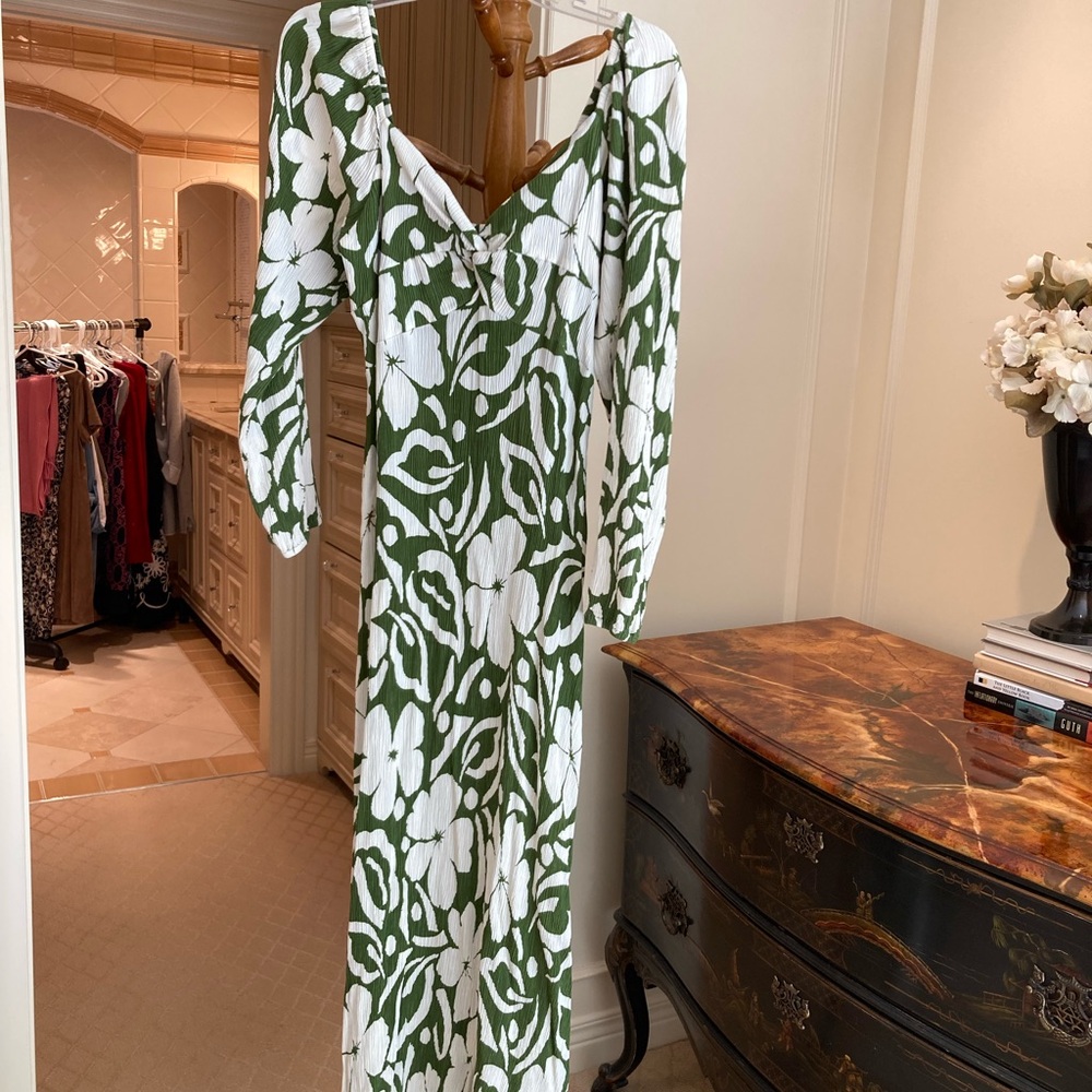 Faithfull the Brand Olive Green and White Floral Maxi Dress